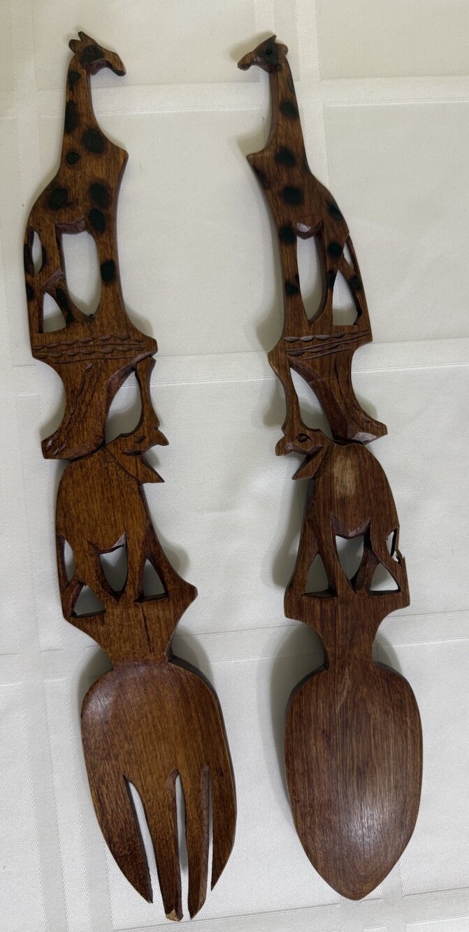 Vintage African Hand Carved Wood Salad Servers 15" Giraffe Elephant Spoon Fork